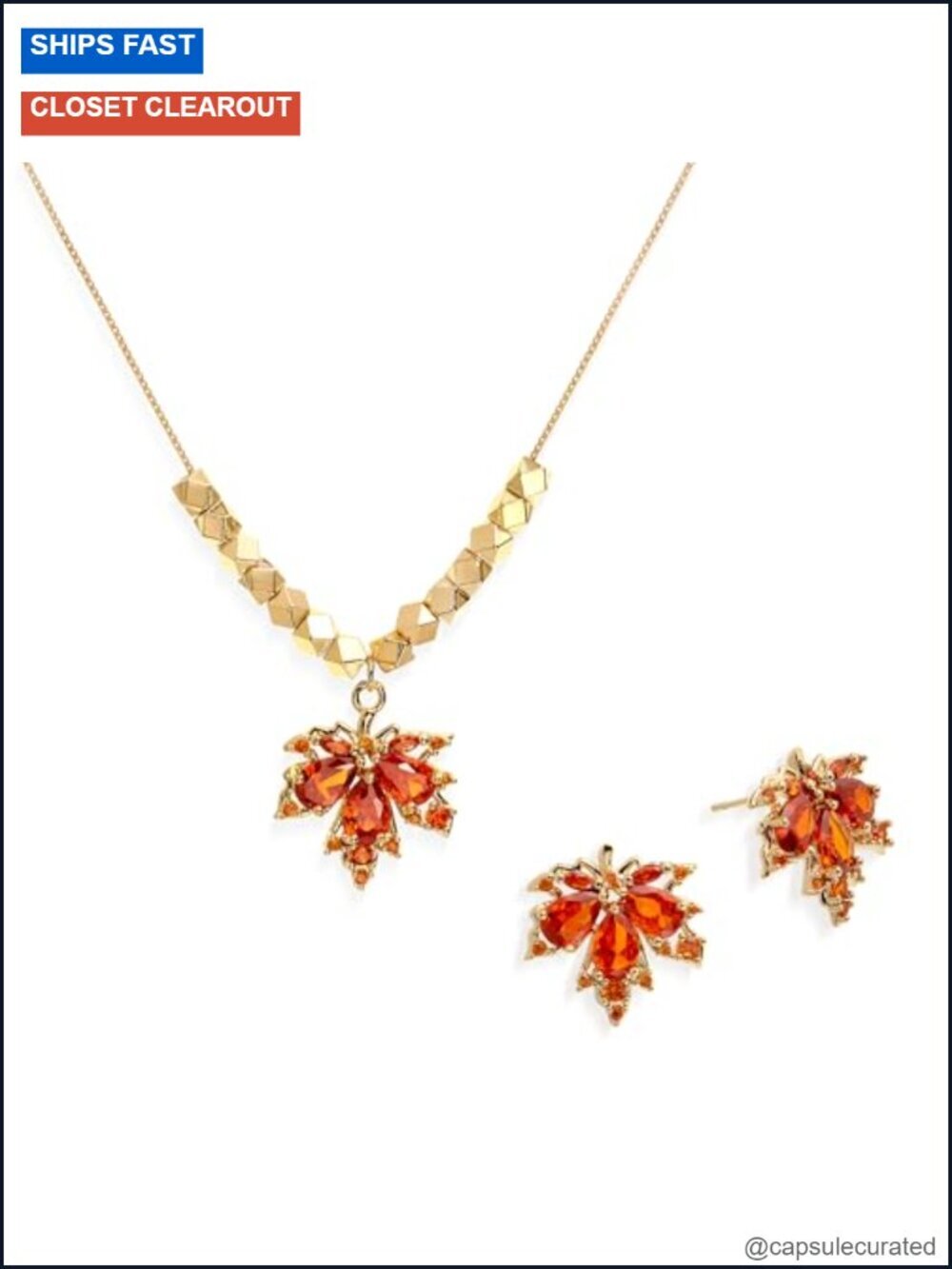 Gold Plated Maple Leaf Earrings Necklace Set - Vintage Statement Jewelry
